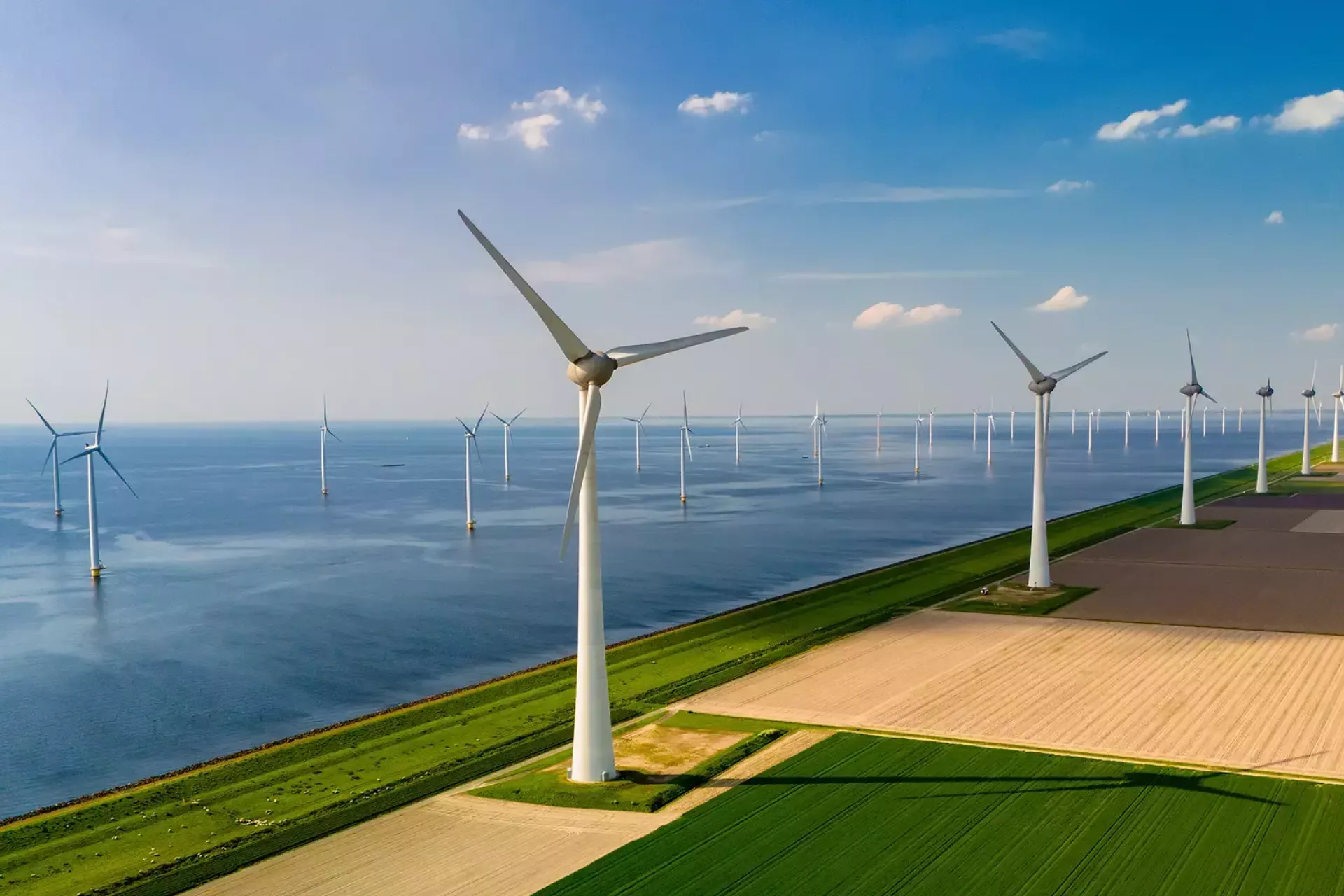 Windmolens langs de kustlijn en akkers.